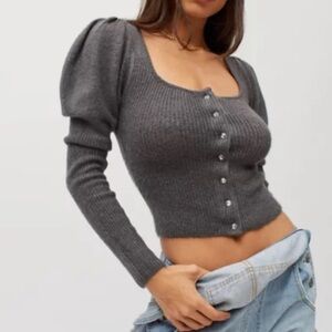 Urban Outfitters Womens Ashley Puff Sleeve Gray Knit Cardigan Sweater, Size Med